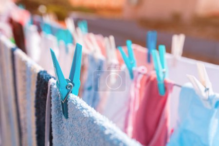 Photo for Drying towels outdoor on clothesline, selective focus - Royalty Free Image