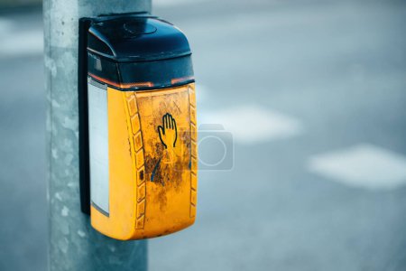 Photo for Dirty old traffic light push button on pedestrian crossing, selective focus - Royalty Free Image