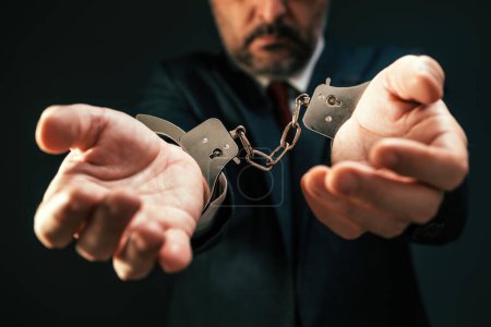 Photo for Arrested corrupted politician with handcuffs, closeup with selective focus - Royalty Free Image