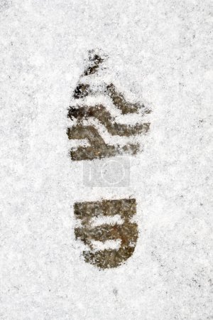 Téléchargez les photos : Empreinte de chaussure dans la neige blanche froide, vue de dessus - en image libre de droit