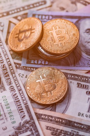 Téléchargez les photos : Empilement de pièces Bitcoin sur les billets en dollars américains, mise au point sélective - en image libre de droit