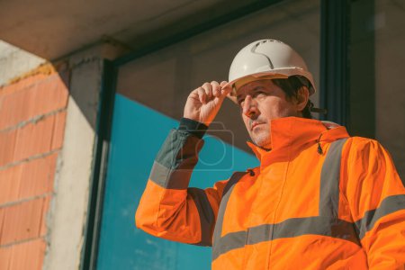 Téléchargez les photos : Ingénieur construction avec casque blanc de protection et veste orange haute visibilité sur place, mise au point sélective - en image libre de droit