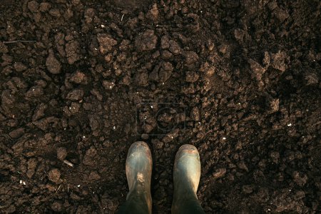 Photo for Top view of dirty rubber boots on soil ground with copy space - Royalty Free Image