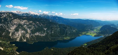 Téléchargez les photos : Lac Bohinj en été, destination touristique célèbre dans le parc national du Triglav en Slovénie, vue aérienne en angle élevé - en image libre de droit
