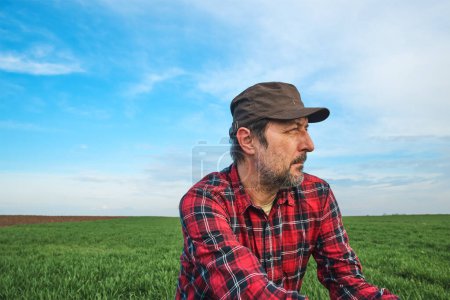 Photo for Portrait of contemplative farm worker in wheat seedling field, farmer planning agricultural activity, selective focus - Royalty Free Image