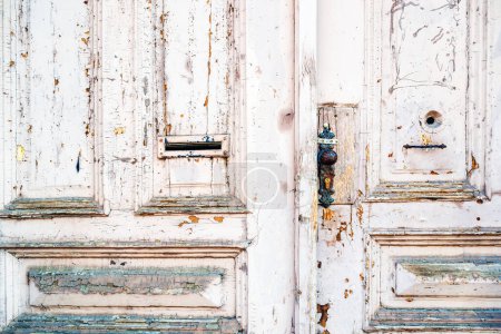 Photo for Old wooden door. White weathered paint is flaking and peeling of the surface. Grungy texture and background. - Royalty Free Image