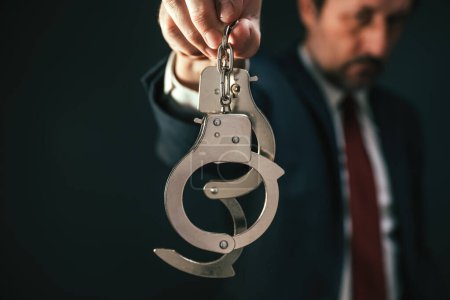 Photo for Police detective investigator holding handcuffs during criminal arrest, selective focus - Royalty Free Image