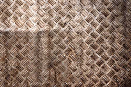 Dirty worn metallic anti skid surface, durable industrial flooring as grunge background, top view