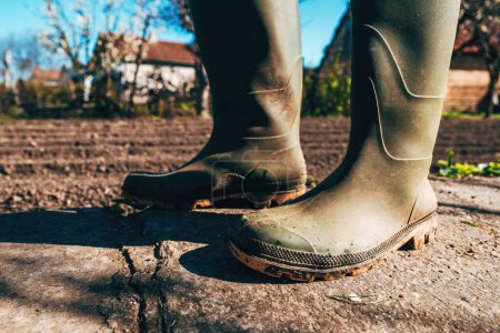 Closeup of dirty rubber boots, gardener posing in organic garden, selective focus