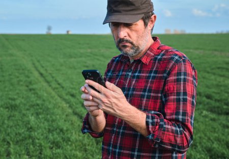 Foto de Agricultor usando smartphone móvil en campo de siembra de trigo, concepto de agricultura inteligente, enfoque selectivo - Imagen libre de derechos