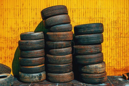 Téléchargez les photos : Empilement de vieux pneus de voiture d'occasion devant l'atelier contre le mur jaune - en image libre de droit