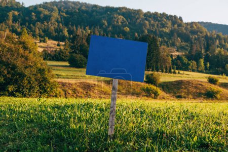 Téléchargez les photos : Panneau en bois d'information bleu maquette dans prairie alpine pittoresque le matin, mise au point sélective - en image libre de droit