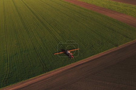 Téléchargez les photos : Wheat crops protection, aerial shot of agricultural tractor with fungicide sprayer attached in field, high angle view - en image libre de droit