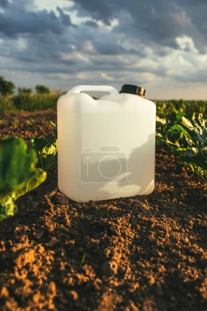 Blank white herbicide canister container in sugar beet seedling field in springtime sunset, selective focus