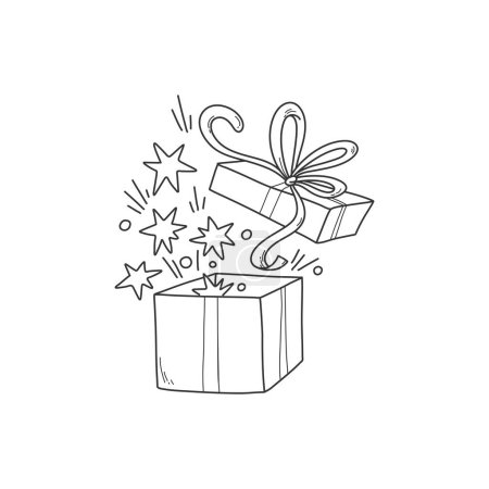 Téléchargez les illustrations : Décrivez boîte cadeau ouverte avec ruban et étoiles. Illustration vectorielle, isolée sur un fond transparent - en licence libre de droit