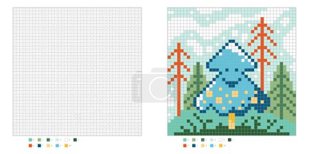 Illustration for Cute christmas tree, winter landscape. Color by number. Pixel coloring book. Numbered squares. Game for kids. Vector illustration - Royalty Free Image
