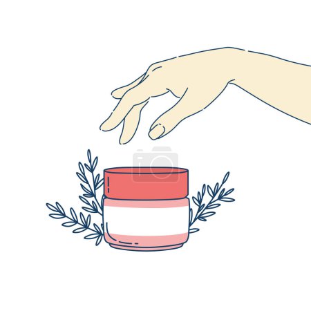 Illustration for Female hand holding cream. Skincare products. Hand and body cream. Daily skin care routine and hygiene concept. Line vector illustration. - Royalty Free Image