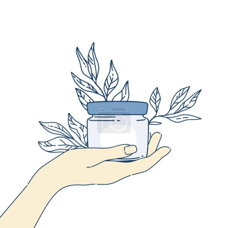 Illustration for Female hand holding cream. Skincare products. Hand and body cream. Daily skin care routine and hygiene concept. Line vector illustration. - Royalty Free Image