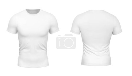 Téléchargez les photos : White mens t shirt with round neck. Front and rear view. 3d rendering. Fitted T-shirt in thermal fabric. high quality 3d illustration. Fitness, sports t-shirt - en image libre de droit