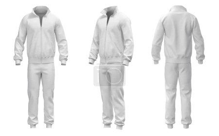 Blank white sport tracksuit mockup, 3d rendering. Mens fitness costume mock up, isolated, front and back view. Sports suit template.