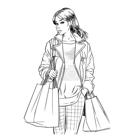 Illustration for Beautiful woman walking with packages in her hands. Pretty young girls. Fashion girls Sketch - Royalty Free Image