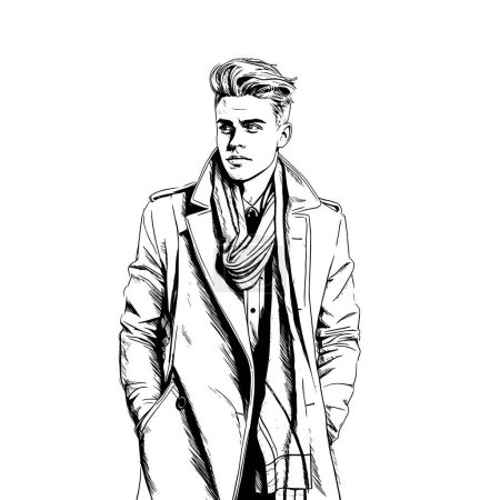 Stylish handsome man in fashion clothes. Fashion man. Hand drawn male model. Sketch. Vector illustration. 