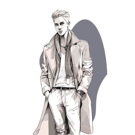 Elegante hombre guapo en ropa de moda. Hombre de moda. Modelo masculino dibujado a mano. Boceto. Ilustración vectorial
. 