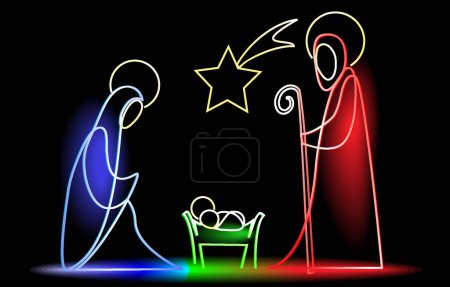 Ilustración de Iluminación navideña con Sagrada Familia - Imagen libre de derechos