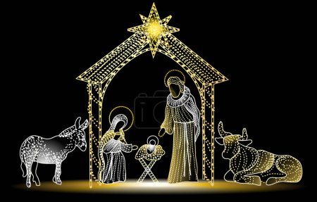 Ilustración de Iluminación navideña con Sagrada Familia - Imagen libre de derechos