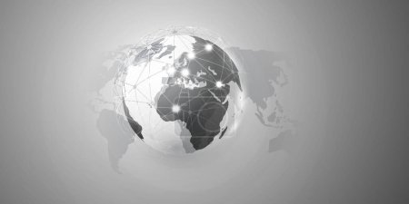 Téléchargez les illustrations : Concept d'informatique en nuage noir et blanc et de réseaux mondiaux avec globe terrestre et carte du monde - Connexions numériques mondiales abstraites, contexte technologique, modèle de conception vectorielle créative - en licence libre de droit