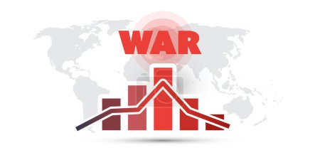 Illustration for Global Economic Down Fall Due to War, Inflation and Energy Crisis - Design Concept with Grey World Map, Red Bar Graph, Chart Showing Steep Falling, Sharp Decrease of Profit or Results - Vector Design - Royalty Free Image