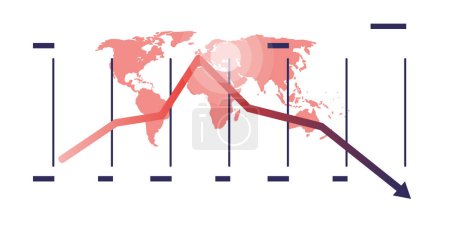 Illustration for Global Economic Down Fall Due to War,Inflation and Energy Crisis - Design Concept with Red World Map, Graph,Chart with Time Periods, Showing Falling,Sharp Decrease of Profit or Results - Vector Design - Royalty Free Image