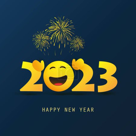 Téléchargez les illustrations : Carte de vœux ou arrière-plan de bonne année abstrait bleu foncé et jaune, modèle de conception créative - Emoji souriant à bras ouverts - 2023 - en licence libre de droit