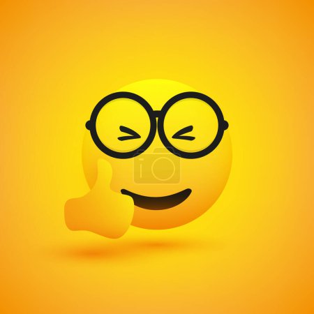 Illustration for Smiling Cheering Amused Shiny Happy Satisfied Young Male Emoji Wearing Glasses Showing Thumbs Up and Enjoyment - Simple Emoticon on Yellow Background - Vector Design - Royalty Free Image