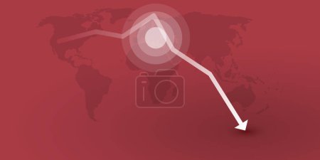 Illustration for Global Economic Down Fall Due to War, Inflation and Energy Crisis - Design Concept with Red World Map, Graph, Chart, Diagram Showing Steep Falling, Sharp Decrease of Profit or Results - Vector Design - Royalty Free Image