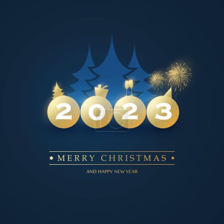Téléchargez les illustrations : Meilleurs vœux - Joyeux Noël décoratif et joyeux fond de carte de nouvelle année avec des pins bleus et des boules d'or avec des numéros d'année et des symboles de progrès de vacances de saison d'hiver - Conception vectorielle - 2023 - en licence libre de droit