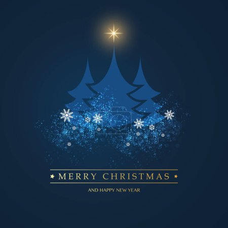 Téléchargez les illustrations : Fond de carte de Noël foncé avec pins bleus, neige et flocons de neige - Illustration en format vectoriel modifiable - en licence libre de droit