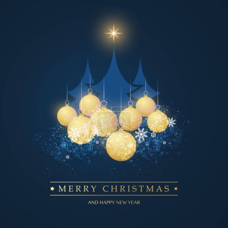 Téléchargez les illustrations : Fond de carte de Noël avec pins bleus, boules de Noël dorées et flocons de neige - en licence libre de droit