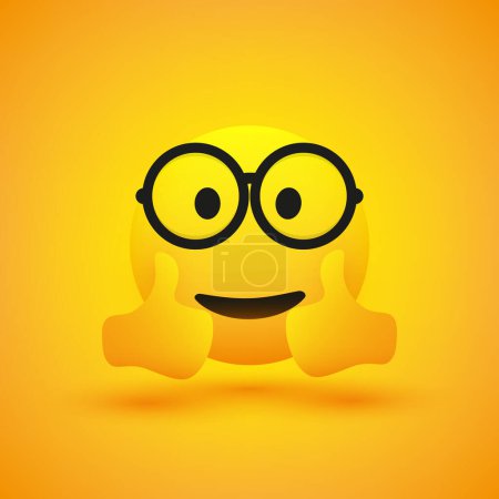 Ilustración de Sonriendo feliz alegre joven macho nerd emoji con gafas mirando y mostrando pulgares dobles hacia arriba - Emoticono feliz simple sobre fondo amarillo - Diseño de vectores - Imagen libre de derechos