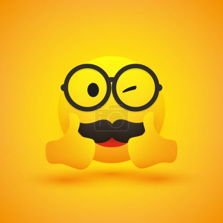 Illustration for Smiling, Whinking Happy Cheerful Positive Male Nerd Emoji with Mustache Wearing Round Glasses Showing Double Thumbs Up, OK Sign - Simple Happy Emoticon on Yellow Background - Vector Design - Royalty Free Image