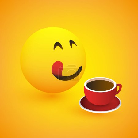 Illustration for 3D Smiling Mouth Licking Face, View from Side with Coffee Cup - Simple Happy Emoticon on Yellow Background - Vector Design - Royalty Free Image