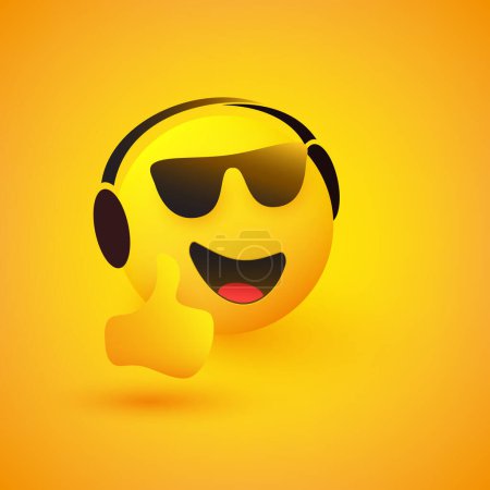 Emoticono 3D Sonriente, Relajante, Cara Con Gafas De Sol y Auriculares, Mostrando Pulgares Arriba en Fondo Amarillo - Escuchando Música - Concepto de Diseño de Vectores para Web o Mensajería Instantánea