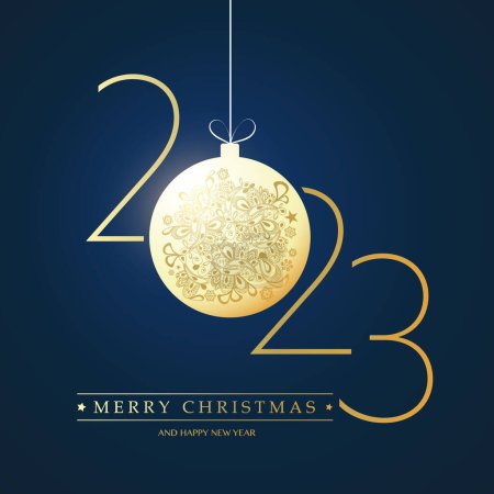Téléchargez les illustrations : Meilleurs vœux - Joyeux Noël décoratif doré et bleu foncé et bonne année carte de vœux, design créatif, modèle vectoriel - 2023 - en licence libre de droit