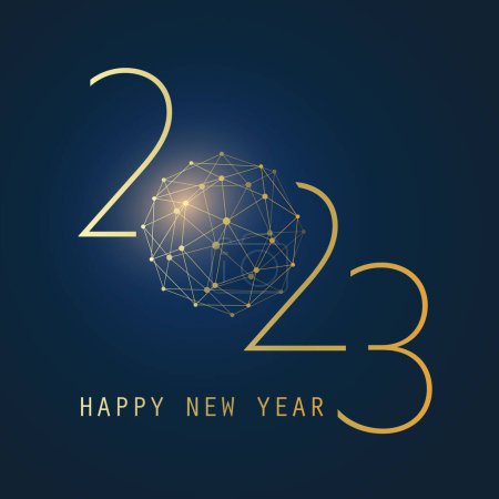 Téléchargez les illustrations : Carte de vœux de bonne année de style moderne doré et bleu foncé, modèle de conception vectorielle créative avec globe polygonal - 2023 - en licence libre de droit