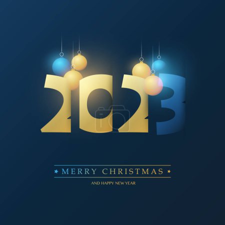 Illustration for Golden and Blue Merry Christmas and Happy New Year Greeting Card with  Christmas Balls, Creative Design Template - 2023 - Royalty Free Image