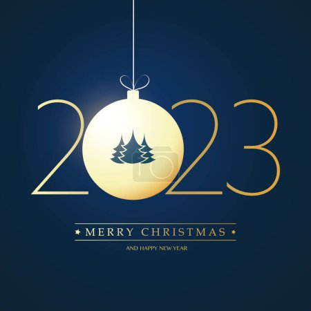 Ilustración de Golden Merry Christmas y feliz tarjeta de felicitación de año nuevo con pino en una bola de Navidad, plantilla de diseño creativo - 2023 - Imagen libre de derechos