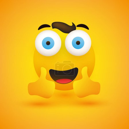 Ilustración de Emoji masculino joven alegre sonriente con el pelo y los ojos abiertos mostrando pulgares dobles hacia arriba - Emoticono feliz simple sobre fondo amarillo - Diseño vectorial - Imagen libre de derechos