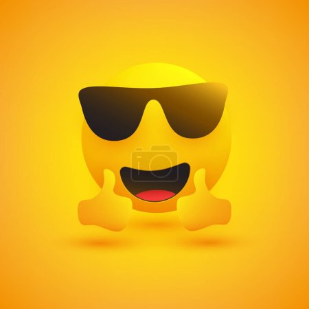 Téléchargez les illustrations : Émoji positif et souriant satisfait avec des lunettes de soleil affichant un double pouce sur fond jaune - Conception de symboles vectoriels pour les applications Web et de messagerie instantanée - en licence libre de droit