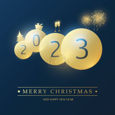 Illustration for Best Wishes for Christmas and Winter Holidays - Golden and Dark Blue Happy New Year Invitation Card Background Design with Round Numerals - 2023 - Royalty Free Image