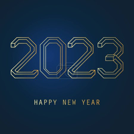Illustration for 3D Lineart Style Golden and Dark Blue Modern Happy New Year Greeting Card, Creative Vector Design Template with Big Numerals - Multipurpose Vector Banner Template for Web, Year 2023 - Royalty Free Image